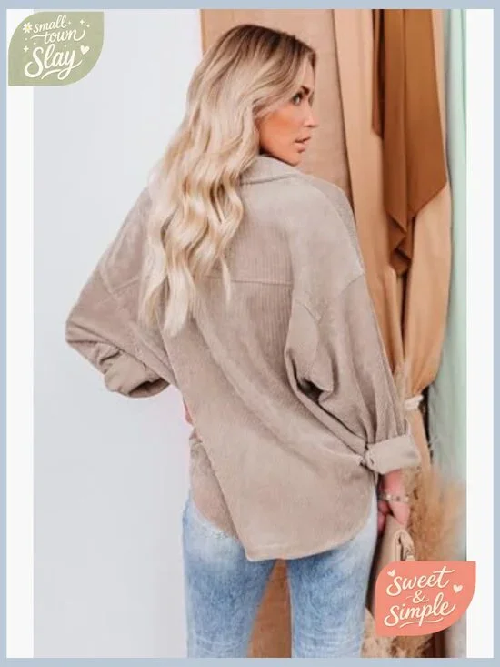 Oversized Corduroy Button Down Shirt with Pockets Long Sleeve V Neck Blouse - Picture 5 of 7